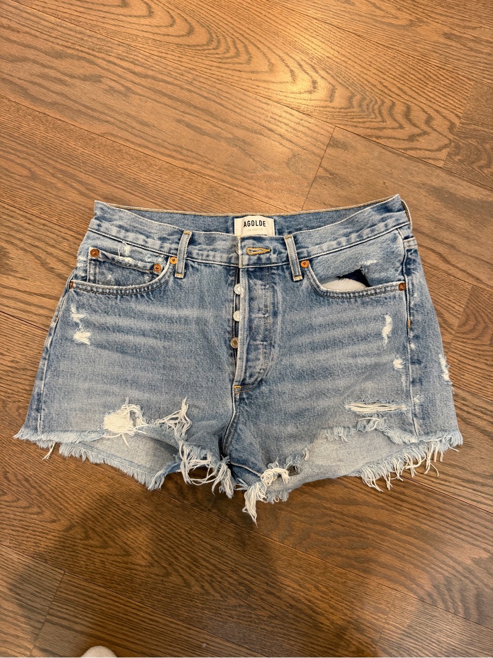 AGOLDE Light Blue Distressed Denim Cutoff Shorts
